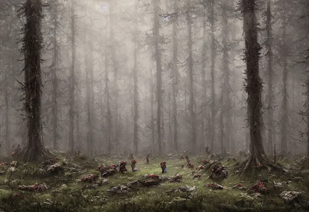 Image similar to zombies in a dense forest, artstation, jakub rozalski, high detail, dramatic lighting, night, rain