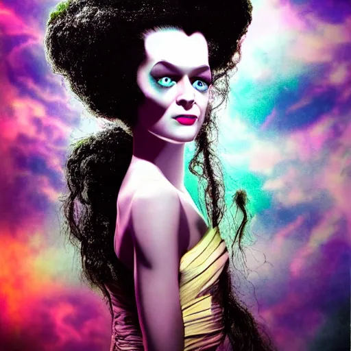 Image similar to a realistic detailed studio portrait photo of a the bride of frankenstein, vaporwave