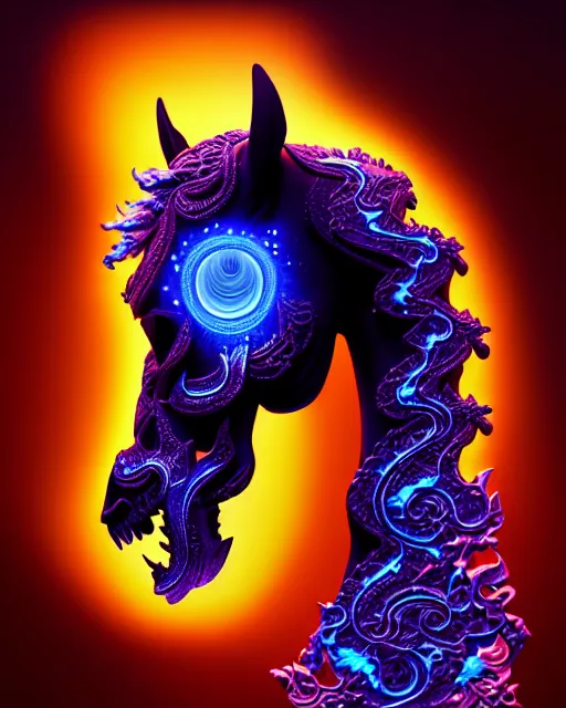 Image similar to 3 d ornate carved dark cosmic horse with profile portrait, sigma 5 0 0 mm f / 5. beautiful intricate highly detailed horse skull. bioluminescent, plasma, lava, ice, water, wind, creature, thunderstorm! artwork by tooth wu and wlop and beeple and greg rutkowski, 8 k trending on artstation