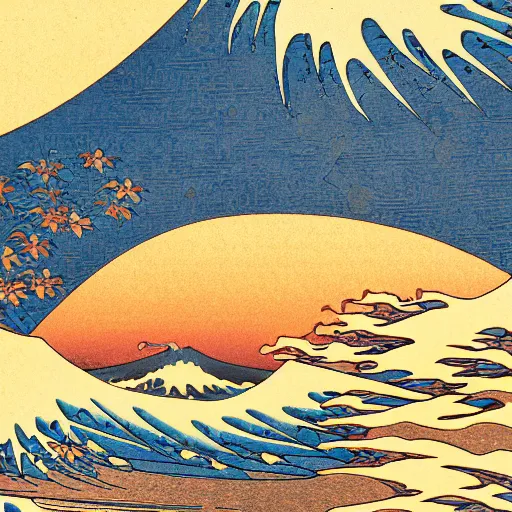 Image similar to hokusai, detailed illustration, blue and orange gradients, on a white paper background : : close up samurai, surreal layout, 8 0 0 b. c. background, crepuscular rays, god rays, low noise : : extremely detailed, 8 k, hdr