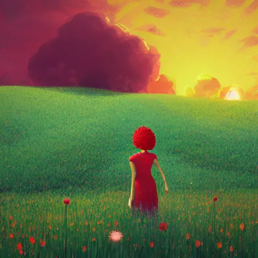 Image similar to giant red flower afro, full body, girl floating in the middle of a field with flowers, surreal photography, hills, sunrise dramatic light, impressionist painting, colorful clouds, digital painting, pointillism, artstation, simon stalenhag