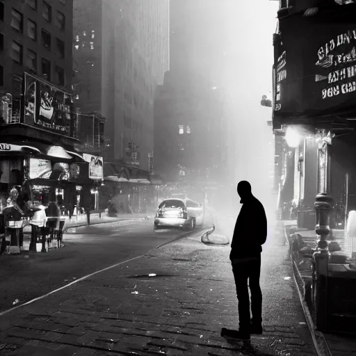 Image similar to ghost of New York, smoking a cigarette outside a bar, NYC sidewalk, city lights, spooky Halloween fun, trending on artstation, 8k, 4k, volumetric lighting, unity