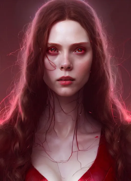 Image similar to Scarlet Witch, au naturel, hyper detailed, digital art, trending in artstation, cinematic lighting, studio quality, smooth render, unreal engine 5 rendered, octane rendered, art style by klimt and nixeu and ian sprigger and wlop and krenz cushart