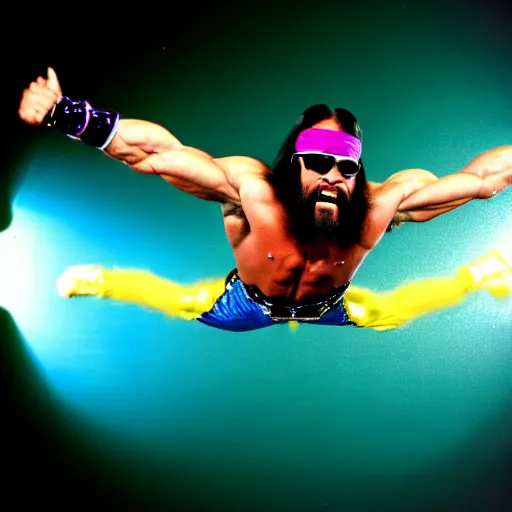 Image similar to Macho Man Randy Savage performing elbow drop from space. Wide angle. Low perspective. High Quality, Sports photography. NASA