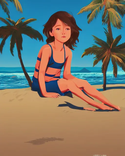 Image similar to a little girl sit beach. clean cel shaded vector art. illustration art by lois van baarle and helen huang and artgerm