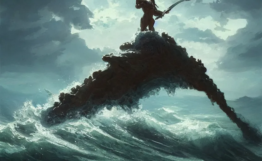 Image similar to A painting of Poseidon trending on artstation in the style of Greg Rutkowski