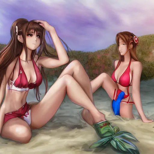 Image similar to beautiful aerith and tifa and jessie from final fantasy in a bikini on the beach making eye contact drawn by WLOP