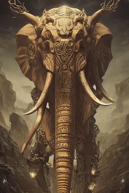 Image similar to ancient psychic tandem war elephant, concept art, by ernst haeckel, artgerm, greg rutkowski, h. r. giger and zdislaw beksinski, octane render, trending on artstation