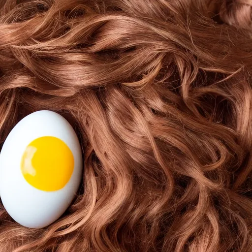 Prompt: egg with long curly brown hair wig on top of it, photo, 4 k, studio lighting