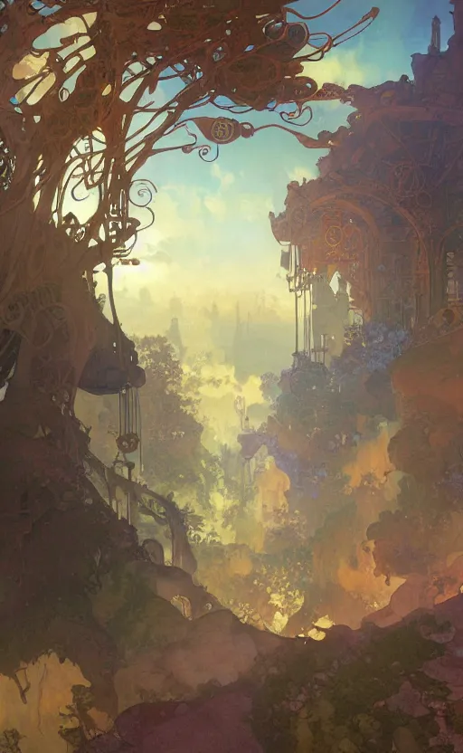 Image similar to A beautiful landscape painting of steampunk landscape by Alfons Maria Mucha and Julie Dillon and Makoto Shinkai