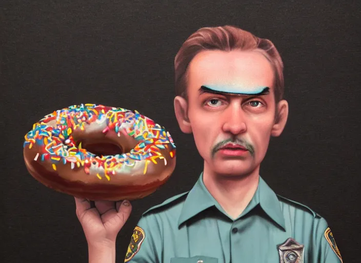 Image similar to a donut head police officer, lowbrow, matte painting, 3 - d highly detailed, in the style of mark ryden,