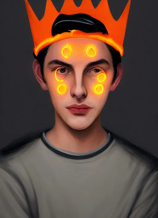 Image similar to portrait of teenage jughead jones wearing a light grey crown, crown, hamburger background, eyes closed, crown, black hair, orange, intricate, elegant, glowing lights, warm lighting, highly detailed, digital painting, artstation, concept art, smooth, sharp focus, illustration, art by wlop, mars ravelo and greg rutkowski