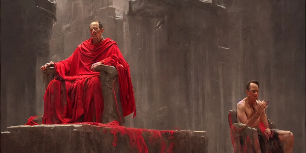 Image similar to the end is near. a tired julius caesar is sitting on his throne. face is highly detailed. splices of red are running down his toga. mist. color scheme red. low angle medium shot. imagined by jeremy lipking