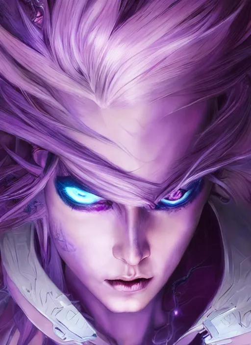 Image similar to close up portrait of sci - fi alleria windrunner with purple hair, pale blue backlight, powerful, domineering, stoic, intense, ultrafine hyperdetailed illustration by kim jung gi, irakli nadar, intricate linework, sharp focus, octopath traveler, yoji shinkawa, highly rendered, detailed, concept art