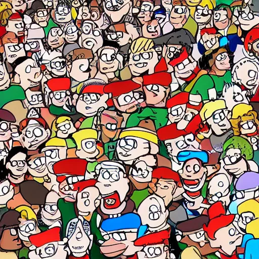 Prompt: waldo in a crowd hand drawn cartoon busy city scene with lots of people doing activities and not paying attention comic antics goofy