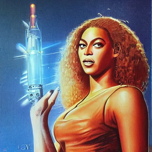 Image similar to beyonce in the style of a 7 0 s science fiction novel cover, highly detailed, bruce pennington, peter jones