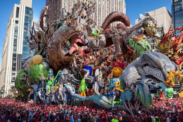 Image similar to photo of giant beautiful elaborate parade float designed by geoff darrow!!!!!!!! and ( ( ( ( ( ( hr giger ) ) ) ) ) ), in the macys parade, detailed 4 k photo