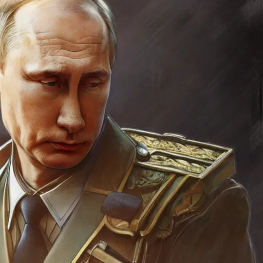 Image similar to Putin is sad because he lost the war, intricate, highly detailed, digital painting, artstation, concept art, smooth, sharp focus, illustration, art by artgerm and greg rutkowski and alphonse mucha