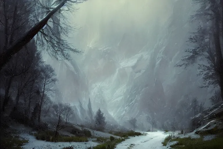 Image similar to a beautiful oil painting of a valley covered in snow, trees with green leaves, thunderstorm in the sky, blue lighting, gloomy, atmospheric lighting, detailed, beautiful!! by greg rutkowski, trending on artstation