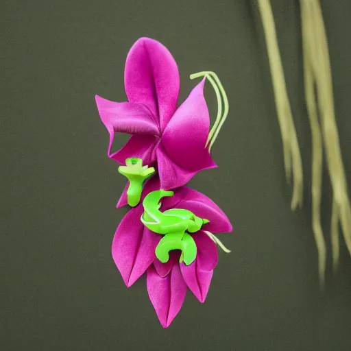 Image similar to studio photograph of a thin green vine creature with vine limbs and a pink blooming flower mouth with many sharp teeth