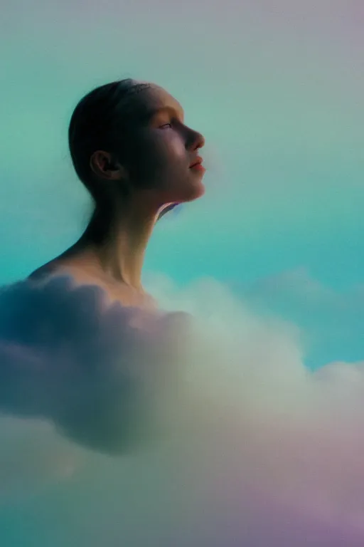 Image similar to high quality pastel coloured film close up wide angle photograph of a model wearing clothing swimming on cloud furniture in a icelandic black rock!! environment in a partially haze filled dreamstate world. three point light, rainbow. photographic production. art directed. pastel colours. volumetric clouds. pastel gradient overlay. waves glitch artefacts. extreme facial clarity. 8 k. filmic.