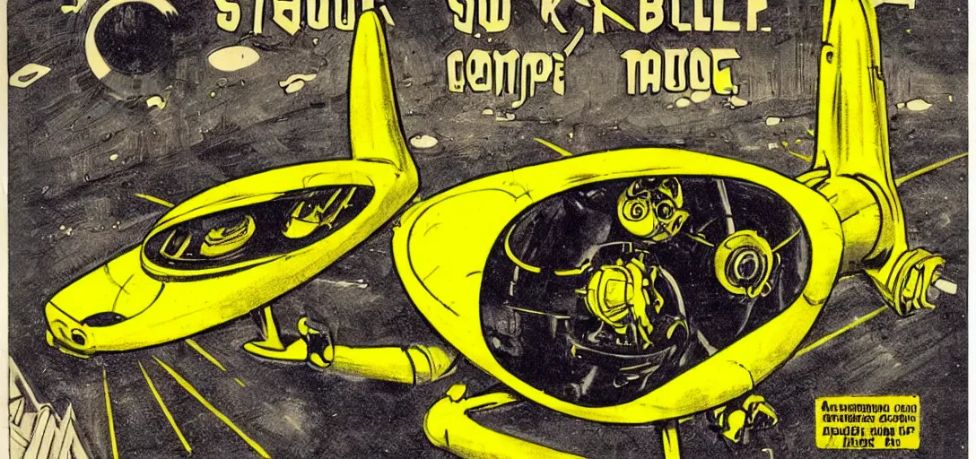 Prompt: small yellow spaceship with robot arms, comic style, pulp magazine, vintage scifi