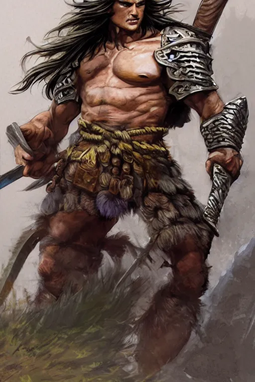 Image similar to A semi realistic portrait of a young handsome male barbarian with long wild hair, intricate fantasy spear, plated armor, vivid colors, colored, D&D, dungeons and dragons, tabletop role playing game, rpg, jrpg, digital painting, by Frank Frazetta and Yusuke Murata, concept art, highly detailed, promotional art, HD, digtial painting, trending on ArtStation, golden ratio, rule of thirds, SFW version