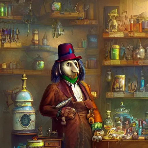 Image similar to Anthropomorphized parrot trader in his shop, selling his wares, portrait, items, magic potions, carpet, window, fancy hat, sly expression , cunning expression, cute expression, D&D, fantasy, cinematic lighting, highly detailed, digital painting, artstation, concept art, smooth, sharp focus, illustration, warm light, cozy warm tint, magic the gathering artwork, volumetric lighting, 8k, art by Akihiko Yoshida, Greg Rutkowski