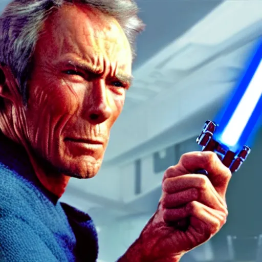 Image similar to clint eastwood holding blue lightsaber in star wars episode 3, 8k resolution, full HD, cinematic lighting, award winning, anatomically correct