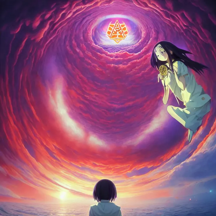 Image similar to Mayer Re-l, Schwi Dola No Game No Life Zero, Eye of Providence, official anime key media, close up of Iwakura Lain, LSD Dream Emulator, paranoiascape ps1, official anime key media, painting by Vladimir Volegov, beksinski and dan mumford, giygas, technological rings, johfra bosschart, Leviathan awakening from Japan in a Radially Symmetric Alien Megastructure turbulent bismuth glitchart, Atmospheric Cinematic Environmental & Architectural Design Concept Art by Tom Bagshaw Jana Schirmer Jared Exposure to Cyannic Energy, Darksouls Concept art by Finnian Macmanus