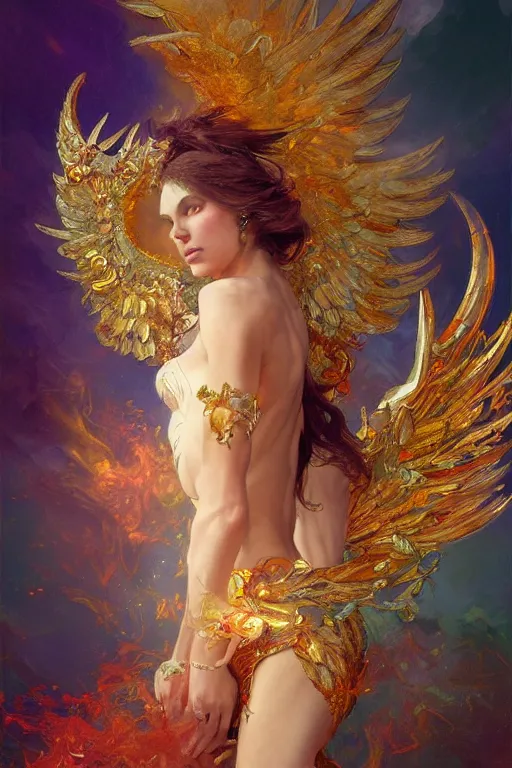 Prompt: an intricate painting of a beautifull angel with fire wings surrounded by energy, hyper detailed, ornamental gold headpiece, octane render, vivid colors, artstation, by jeremy mann, by alphonse mucha, by boris vallejo