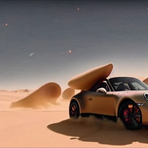 Prompt: a porsche 911 escaping from a huge sandworm in the planet of arrakis from Denis Villeneuve\'s movie Dune (2021)