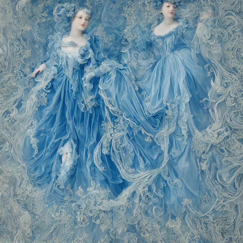 Prompt: blue dress design in the style of rococo ，Victorian era，jellyfish element，dreamy, soft ,Backlight ,luminescence，in the style of Aetherpunk,highly detailed,8k