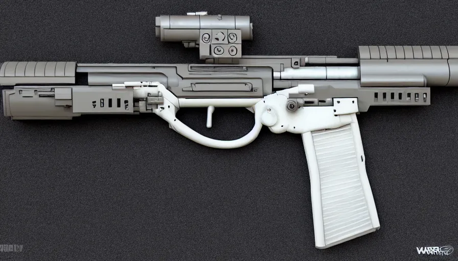 Prompt: extremely detailed realistic side view of a sci fi bullpup gauss rifle, detailed pistol trigger, chemically propelled, massive battery, smooth streamline, side fed, railgun, chemrail, gauss, elegant sleek smooth body, white paint, sleek utopian design, ultra high quality, photograph, octane, call of duty, warframe, terminator