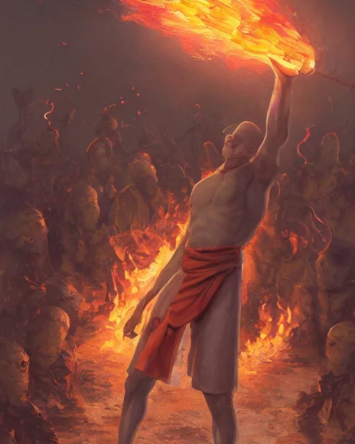 Image similar to [ [ [ [ [ [ squidward ] ] ] ] ] ] wearing fire nation clothing and practicing firebendingoutside at susnset, oil painting, highly detailed, intricate, hd, sharp focus, photorealistic, by moebius and greg rutkowski, trending on artstation, trending on cgsociety, realistic shading and lighting