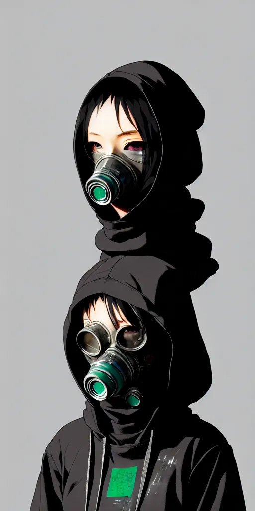 Image similar to cyberpunk anime girl in hoodie, cyberpunk gas mask, 3 / 4 shot, street night, grafity, beautiful face, grafity, arcane, action, tokyo street, detail, good face, pose model, concept art, in style of yoji shinkawa, pan ren wei, col price, atey ghailan, by greg rutkowski, aesthetic