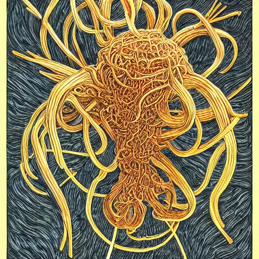 Image similar to flying spaghetti monster, by alex gray, touched by his noodly appendage