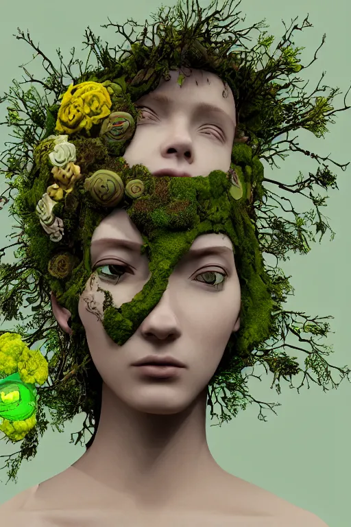 Prompt: nonbinary model, subject made of cracked clay, vine headdress, moss patches, 2 0 mm, with pastel yellow and green flowers bursting out, melting into oddish, delicate, beautiful, intricate, houdini sidefx, by jeremy mann and ilya kuvshinov, jamie hewlett and ayami kojima, bold 3 d