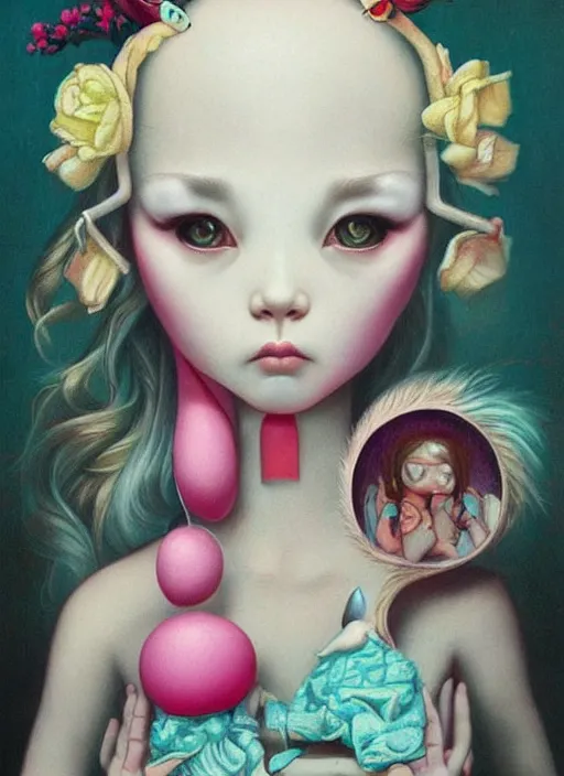 Image similar to pop surrealism, lowbrow art, realistic cute girl painting, japanese street fashion, hyper realism, muted colors, mark ryden, trevor brown style