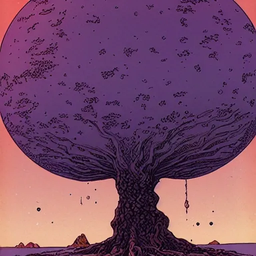 Image similar to a large tree rooted in a rough diamond planet floating in space, by moebius