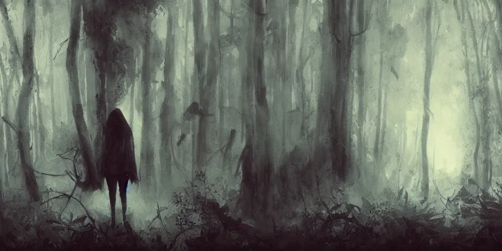 Image similar to a girl with a blue hood find a strange huge creature in the woods, ominous atmosphere, dark environment, one source of orange light. art by artem demura