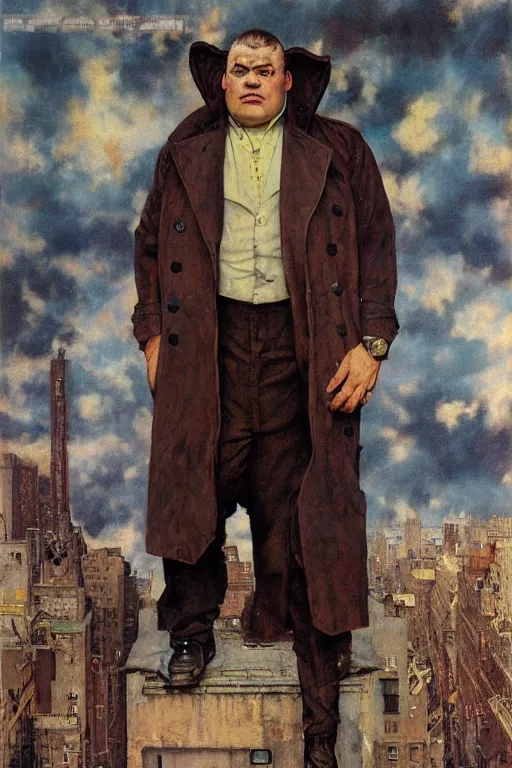 Prompt: full length portrait of butterbean as a huge hulking marvel gangster wearing a leather trench coat standing on street 1 9 3 0 s new york, by lawrence alma tadema and zdzislaw beksinski and norman rockwell and jack kirby and tom lovell and greg staples and michael alford