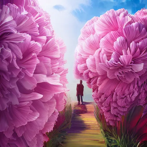 Prompt: giant carnation flower head, a woman walking between luxury apartments, surreal photography, sunlight, impressionist painting, digital painting, artstation, simon stalenhag