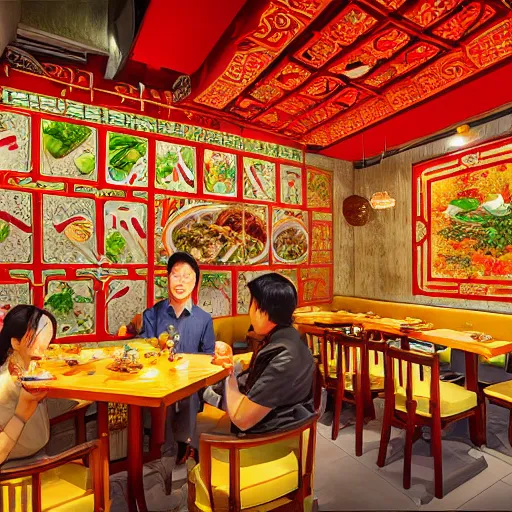 Prompt: a beautiful hyperdetailed interior 4 k hd wallpaper illustration of roasted string hotpot restaurant restaurant yan'an, wall painting, from china, with merchant logo, people are eating kebabs, fine delicate structure, surrealistic, chinese style, victo ngai
