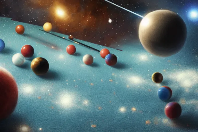 Image similar to a billiards table where the felt is made of galaxies, the balls are planets, matte painting, long shot, concept art, wide shot, digital art, trending on artstation, 4 k, extremely detailed, realistic, midday, warm colors, golden sunlight, by greg rutkowski, cinematic, epic