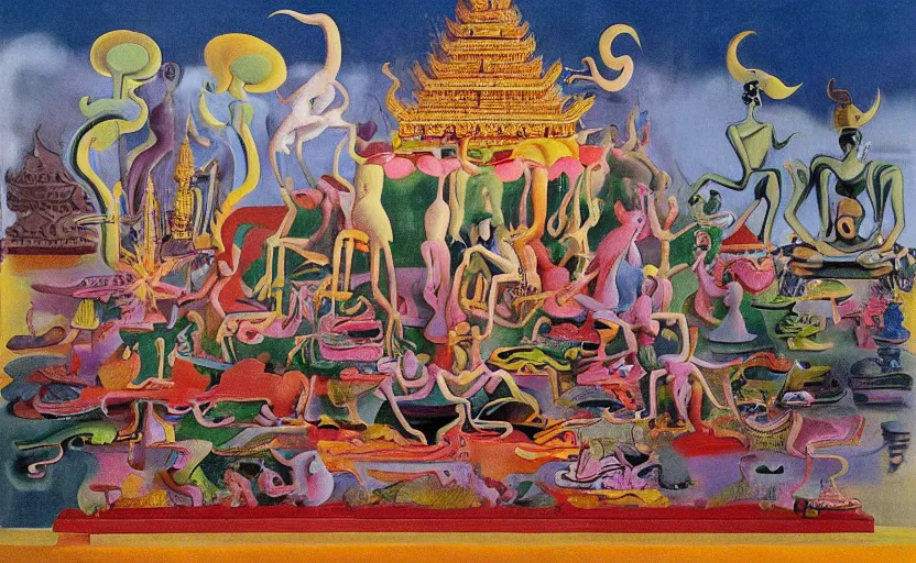 Prompt: ! dream photograph of sri lankan thai temple complex designed by yves tanguy, mark rothko, man ray, salvador dali, max ernst