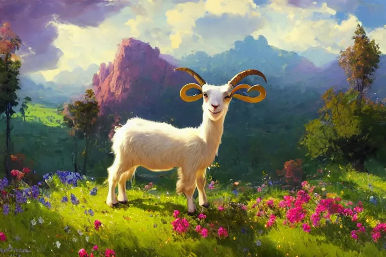 Prompt: cute goat with huge googley eyes eyes looks intensely into the camera, marijuana trees, multicolored weed leaves, dynamic lighting, landscape, artwork by jeremy lipkin and giuseppe dangelico pino and michael garmash and rob rey and greg manchess and huang guangjian and makoto shinkai, pixiv, 1 0 0 mm