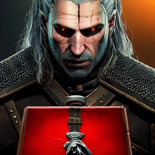 Prompt: a digital painting of the witcher holding a gift box, hyper realistic, very detailed, trending in artstation, epic scene, dramatic lighting, matte paint,