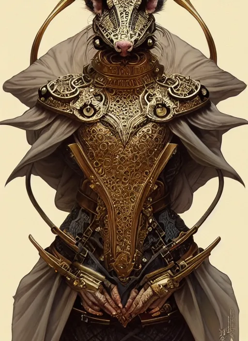 Image similar to symmetry!! portrait of a pet rat wearing detailed ornate armor, intricate, elegant, highly detailed, my rendition, digital painting, behance, concept art, smooth, sharp focus, illustration, art by artgerm and greg rutkowski and alphonse mucha and huang guangjian and gil elvgren and sachin teng