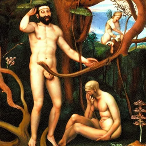 Image similar to God frowning in the Garden of Eden. Eve and Adam look guilty